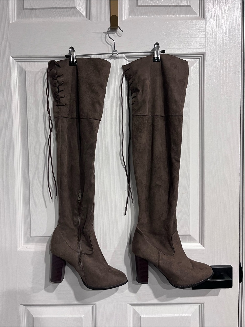 Qupid Size 8 Brown Faux Suede Over Knee Lace Up Chunky Heel Boots